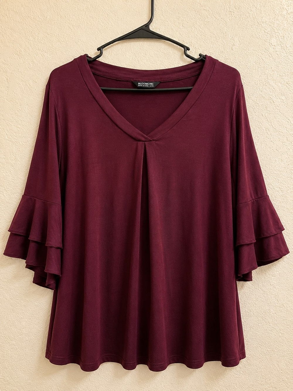 BloomChic Maroon V-Neck Tiered Ruffle Sleeve Top